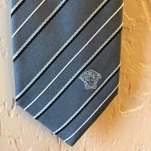 VERSACE Gray Silk Tie Black/White Diagonal Stripes